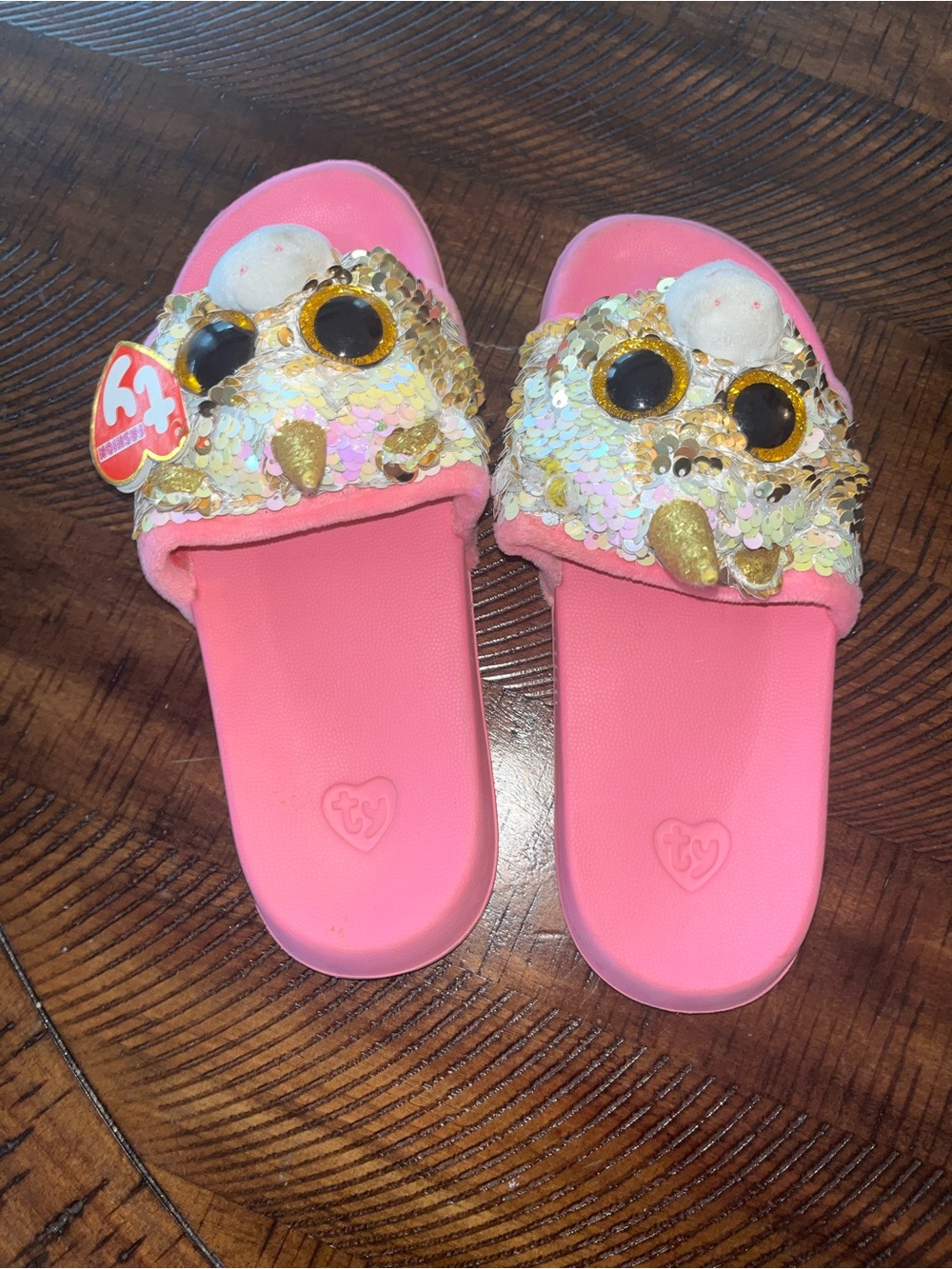 Ty Pink Sequin Owl Slide Sandals with Gold Accents